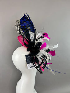 FUCHSIA PINK FASCINATOR WITH ROYAL BLUE / BLACK ANS WHITE LADY AMHERST FEATHERS