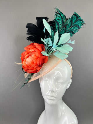 TEAL AND MINT FASCINATOR WITH ORANGE BLOOM