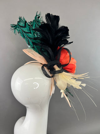 TEAL AND MINT FASCINATOR WITH ORANGE BLOOM