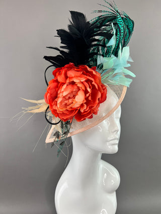 TEAL AND MINT FASCINATOR WITH ORANGE BLOOM