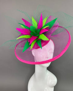 FUCHSIA AND GREEN FASCINATOR WITH NETTING