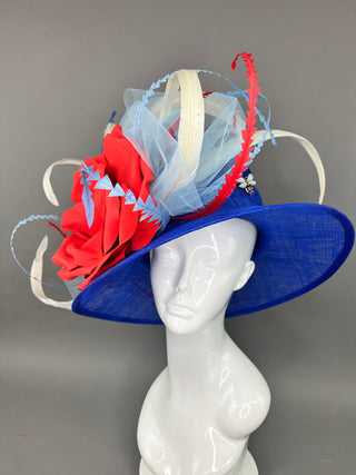 BLUE ROUND BRIM WITH RED ROSE