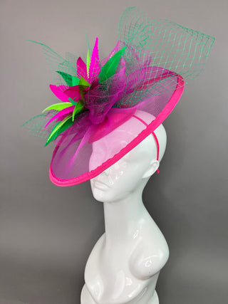 FUCHSIA AND GREEN FASCINATOR WITH NETTING