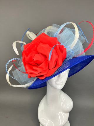 BLUE ROUND BRIM WITH RED ROSE