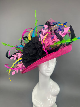 PINK FLIPPED BRIM HAT WITH NEON FEATHERS