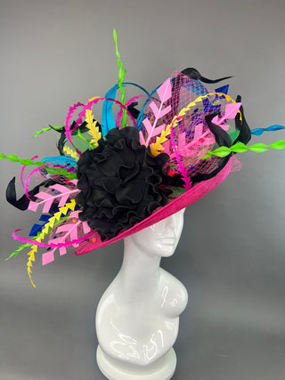 PINK FLIPPED BRIM HAT WITH NEON FEATHERS