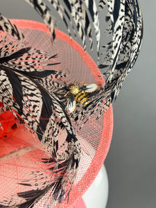 CORAL FASCINATOR WITH BLACK AND WHITE FEATHER