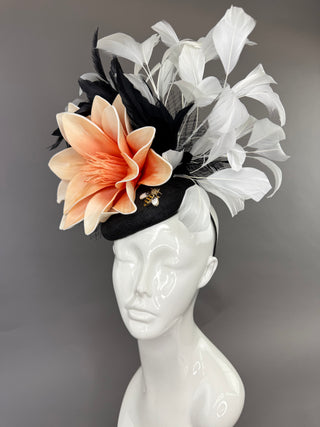 BLACK AND WHITE FEATHER FASCINATOR WITH PEACH BLOOM