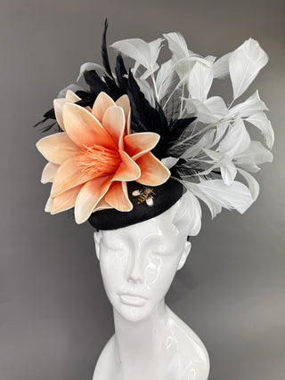 BLACK AND WHITE FEATHER FASCINATOR WITH PEACH BLOOM