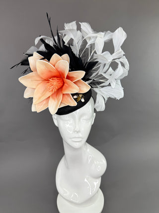 BLACK AND WHITE FEATHER FASCINATOR WITH PEACH BLOOM