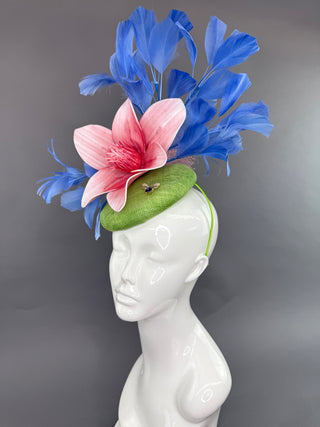 COUNTRY BLUE AND GREEN FASCINATOR WITH PINK BLOOM