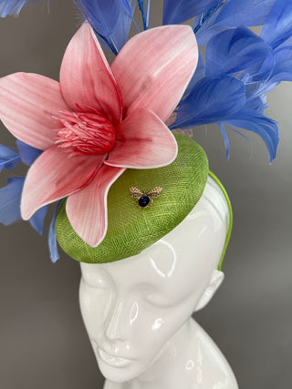 COUNTRY BLUE AND GREEN FASCINATOR WITH PINK BLOOM
