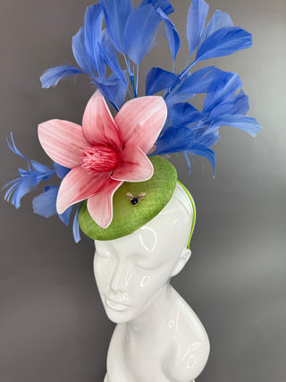 COUNTRY BLUE AND GREEN FASCINATOR WITH PINK BLOOM