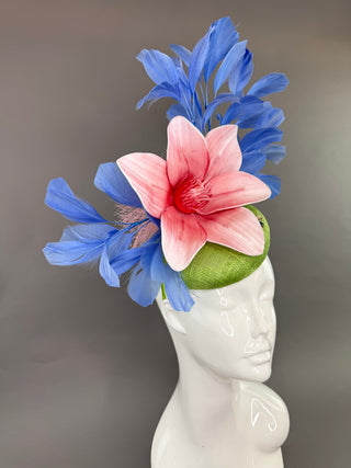 COUNTRY BLUE AND GREEN FASCINATOR WITH PINK BLOOM