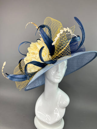 COUNTRY BLUE ROUND BRIM HAT WITH CREAM FLOWER BLOOM