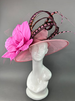 SHADES OF PINK OVAL BRIM HAT WITH PINK LADY AMHERST FEATHERS