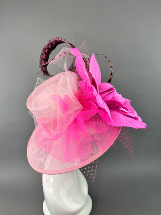 SHADES OF PINK OVAL BRIM HAT WITH PINK LADY AMHERST FEATHERS