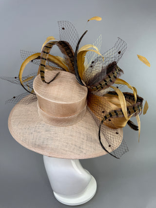 “CAMEL TOBACCO” NUDE WIDE BRIM KENTUCKY DERBY HAT WITH PHEASANT FEATHERS
