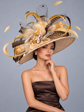 “CAMEL TOBACCO” NUDE WIDE BRIM KENTUCKY DERBY HAT WITH PHEASANT FEATHERS