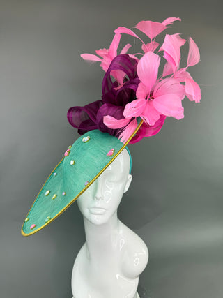 TURQUOISE AND PINK JEWELED OVERSIZED FASCINATOR