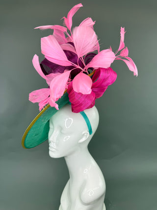 TURQUOISE AND PINK JEWELED OVERSIZED FASCINATOR