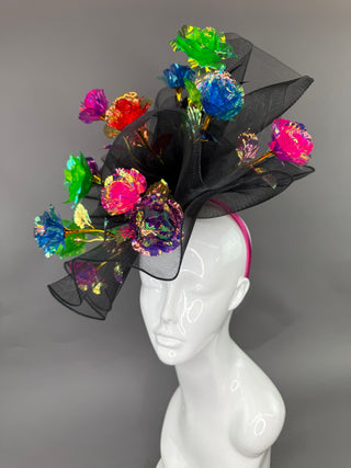 BLACK CRINOLINE FASCINATOR WITH MULTICOLOR ROSES