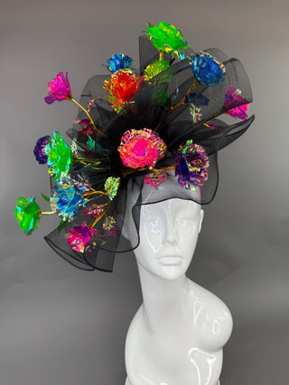 BLACK CRINOLINE FASCINATOR WITH MULTICOLOR ROSES