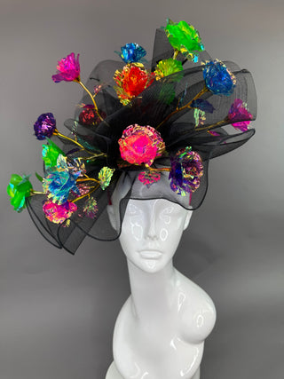 BLACK CRINOLINE FASCINATOR WITH MULTICOLOR ROSES