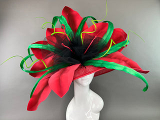 RED FLORAL ROUND BRIM WITH GREEN ACCENTS