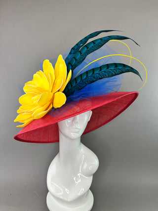 RED ROUBD BRIM WITH YELLOW FLOWER