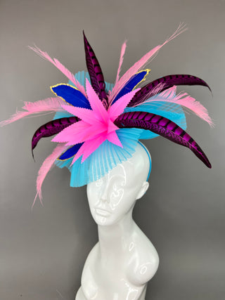 TURQUOISE FASCINATOR WITH SHADES OF PINK