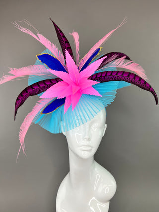 TURQUOISE FASCINATOR WITH SHADES OF PINK