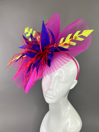 FUCHSIA CRINOLINE FASCINATOR WITH NEON YELLOW, PURPLE AND RED