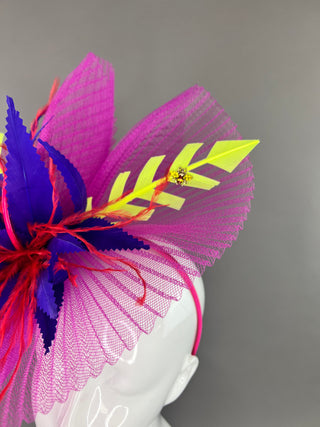 FUCHSIA CRINOLINE FASCINATOR WITH NEON YELLOW, PURPLE AND RED