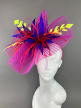 Load image into Gallery viewer, FUCHSIA CRINOLINE FASCINATOR WITH NEON YELLOW, PURPLE AND RED