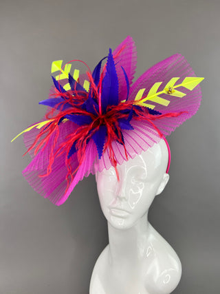 FUCHSIA CRINOLINE FASCINATOR WITH NEON YELLOW, PURPLE AND RED