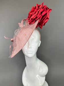 BLUSH PINK HATINATOR WITH RED ROSES FASCINATOR
