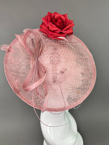 BLUSH PINK HATINATOR WITH RED ROSES FASCINATOR