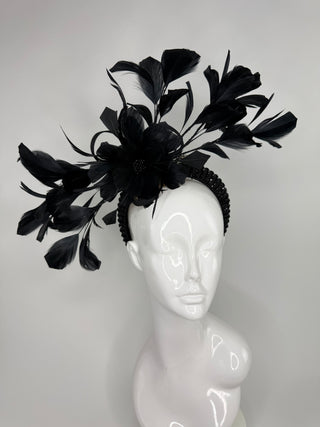 BLACK RHINESTONE HEADBAND FEATHER FASCINATOR