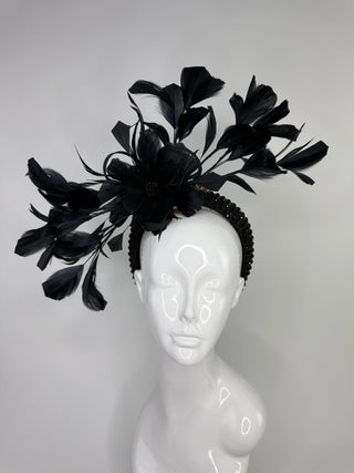 BLACK RHINESTONE HEADBAND FEATHER FASCINATOR
