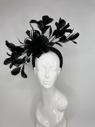 BLACK RHINESTONE HEADBAND FEATHER FASCINATOR