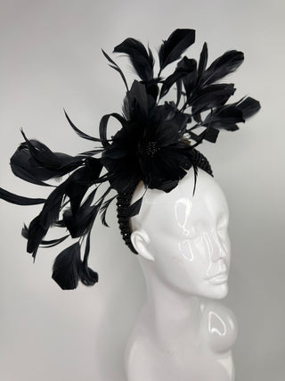 BLACK RHINESTONE HEADBAND FEATHER FASCINATOR