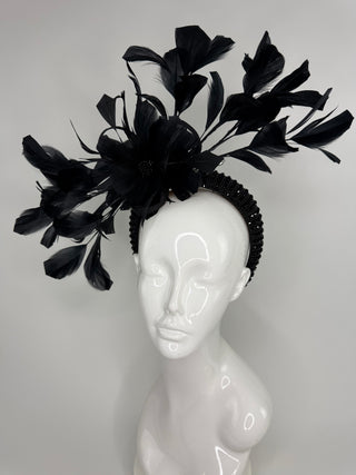 BLACK RHINESTONE HEADBAND FEATHER FASCINATOR