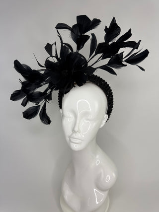 BLACK RHINESTONE HEADBAND FEATHER FASCINATOR