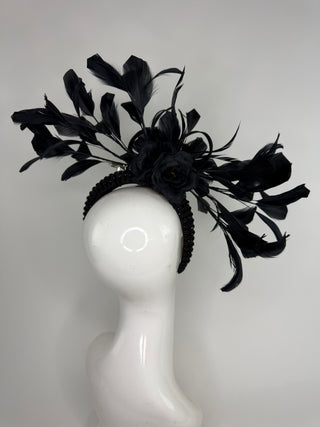 BLACK RHINESTONE HEADBAND FEATHER FASCINATOR