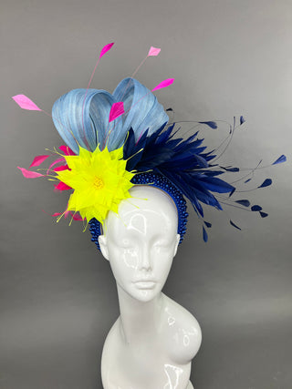 REVERSIBLE BLUE FASCINATOR ADORNED W/ LIGHT BLUE SILK ABACA