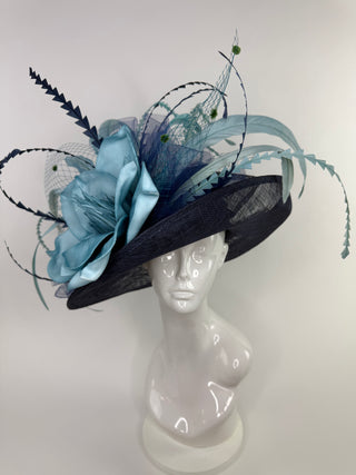 NAVY BLUE FLIPPED BRIM WITH TURQUOISE BLUE BLOOM KENTUCKY DERBY HAT
