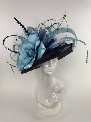 NAVY BLUE FLIPPED BRIM WITH TURQUOISE BLUE BLOOM KENTUCKY DERBY HAT