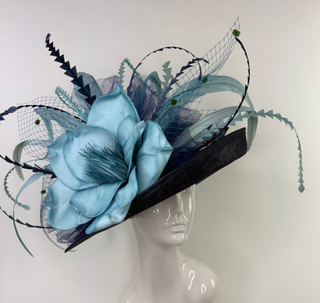 NAVY BLUE FLIPPED BRIM WITH TURQUOISE BLUE BLOOM KENTUCKY DERBY HAT