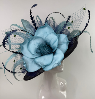NAVY BLUE FLIPPED BRIM WITH TURQUOISE BLUE BLOOM KENTUCKY DERBY HAT